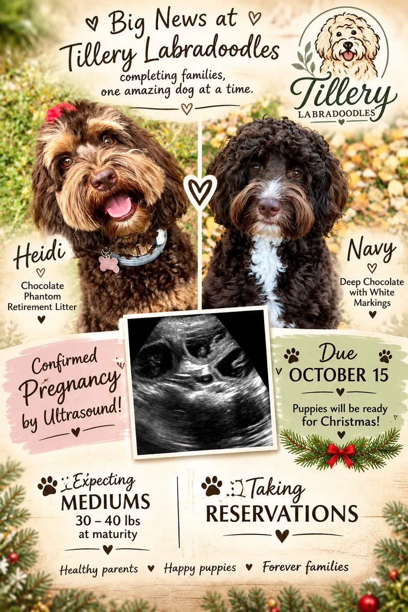 Big news at Tillery Labradoodles — Heidi, a chocolate phantom Australian Labradoodle, and Navy, deep chocolate with white markings, are expecting. Pregnancy confirmed by ultrasound, litter due October 15.